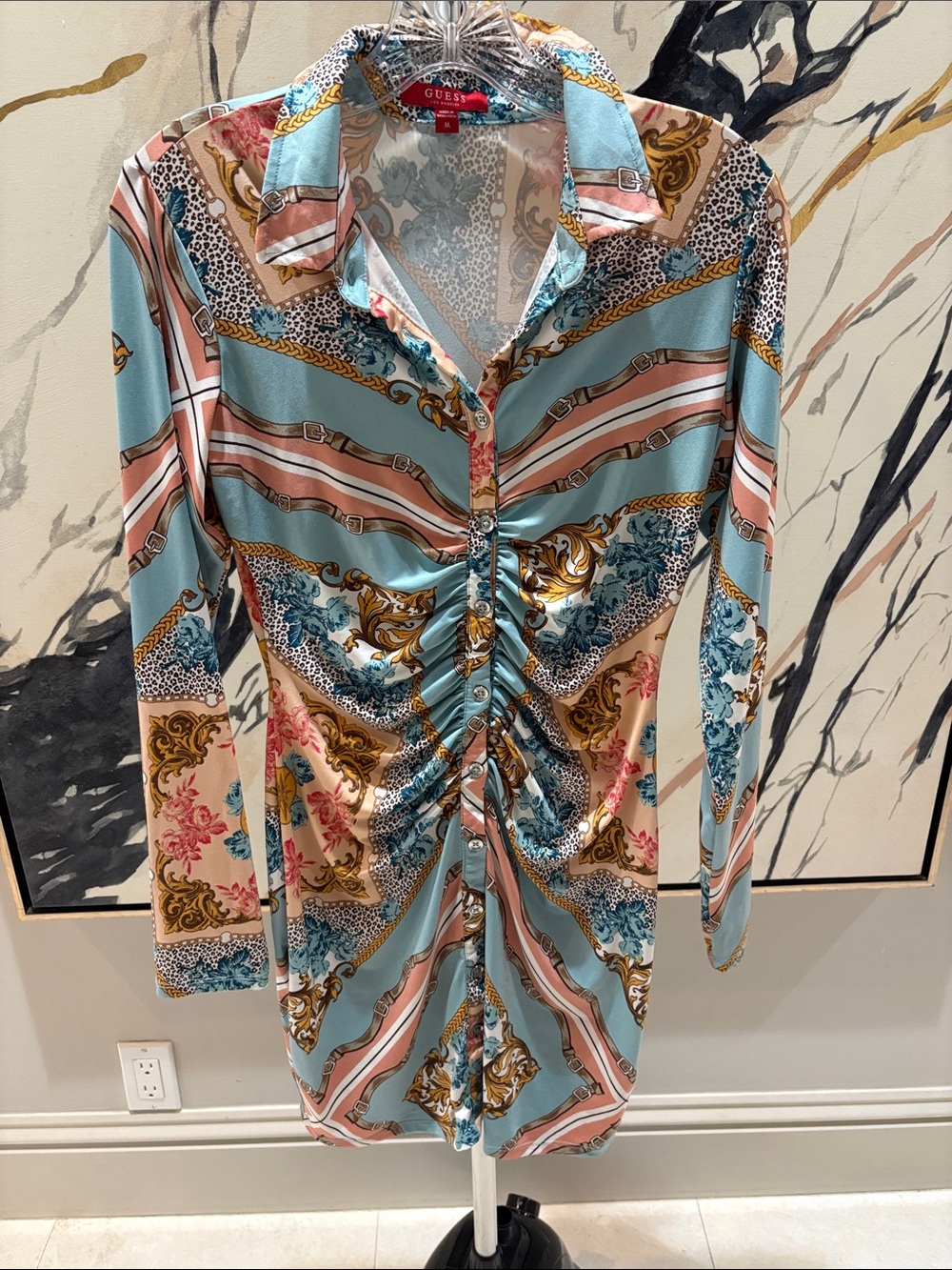 GUESS Long-Sleeve Ruched Shirt Dress in Light Blue, Pink & Gold Print